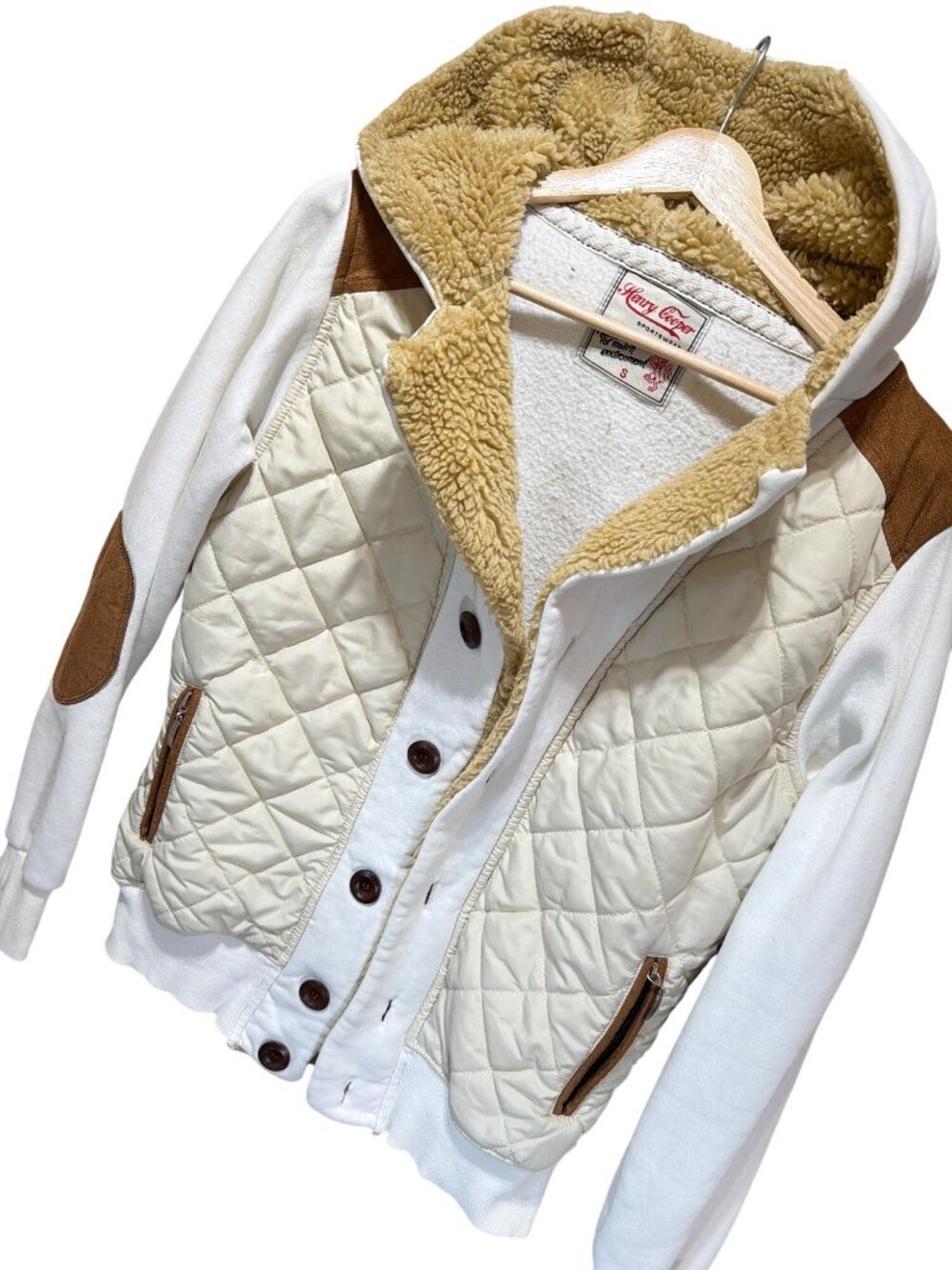 Henry Cooper Sportswear Vintage Y2K White Tan Sherpa Lined Hoodie Jacket With Qu